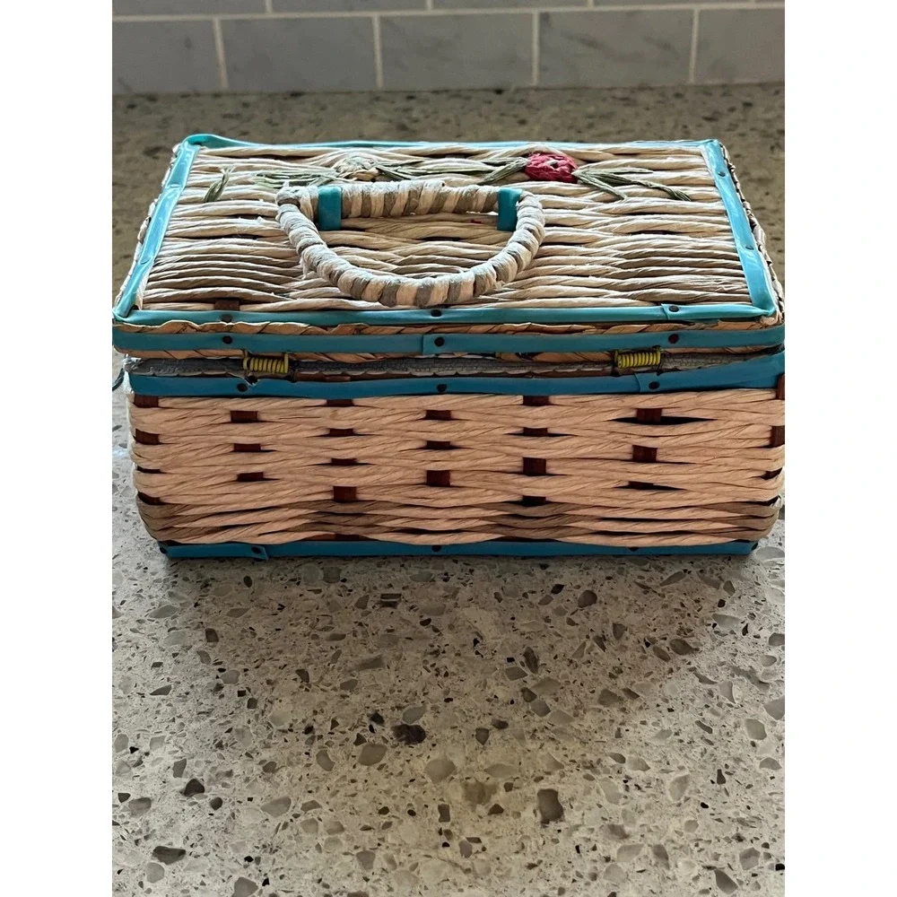Vintage Wicker Sewing Basket Japan Turquoise Trim Raffia Floral Notions Box